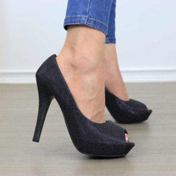 Peep Toe Platform Stiletto Glittery Fabric Heels - Picture 8 of 12